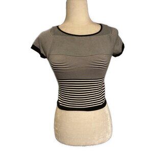 Bebe Black White Striped Nylon Crew Neck Short Sleeve Top T Shirt Xs Small